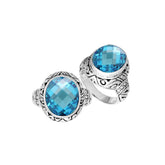 Sterling Silver Blue Topaz Quartz Ring With Balinese Carved Band For Women